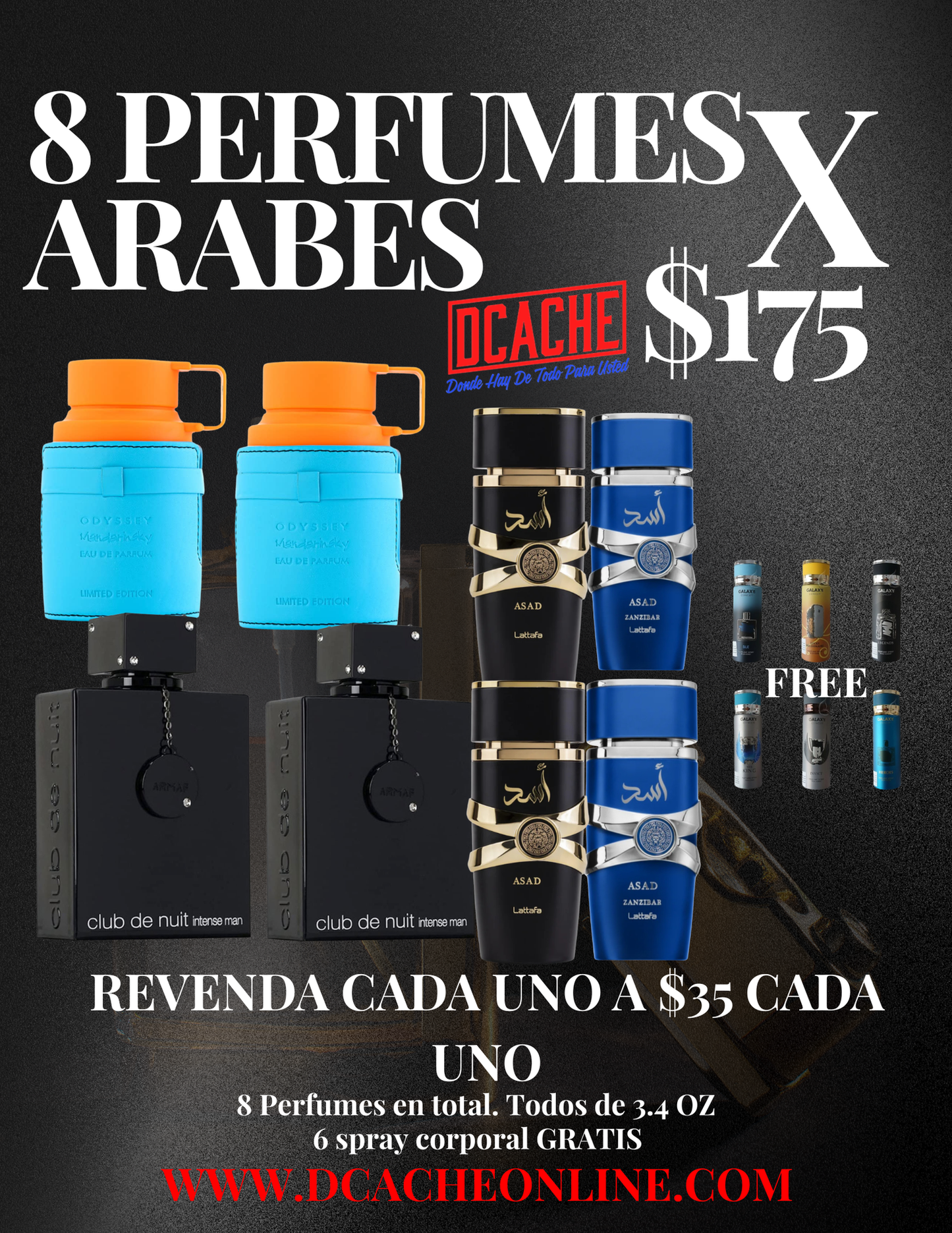 8 Perfumes Arabes + 6 Spray Corporal GRATIS x $175